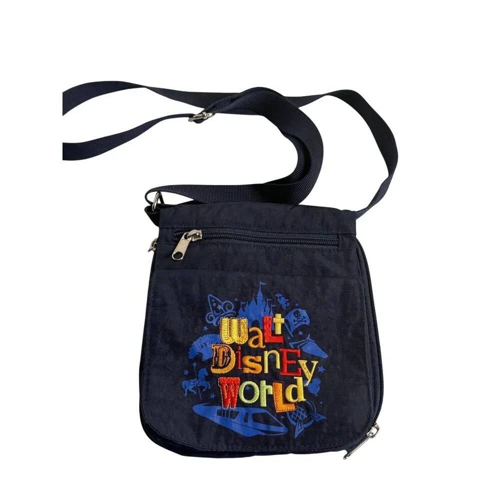 Walt Disney World Messenger Bag Navy Blue VTG Embroidered Crossbody Travel Pouch